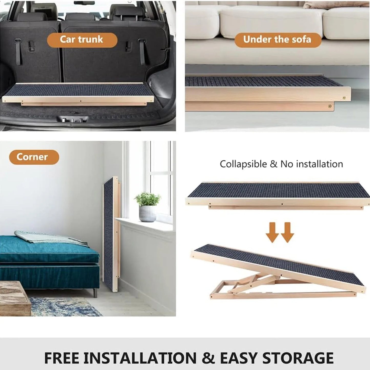 70cm/100cm Solid Wooden Dog Ramp, Non-slip Safety Carpet Ladders, Pets Surface Access Stair for Cars Travel - Height Adjustable